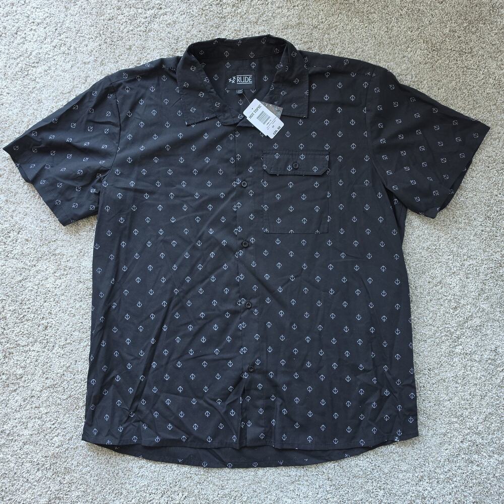 NWT Hot Topic Rude Mens Button Down Shirt Sz 2XL XXL, Black Nautical Anchor